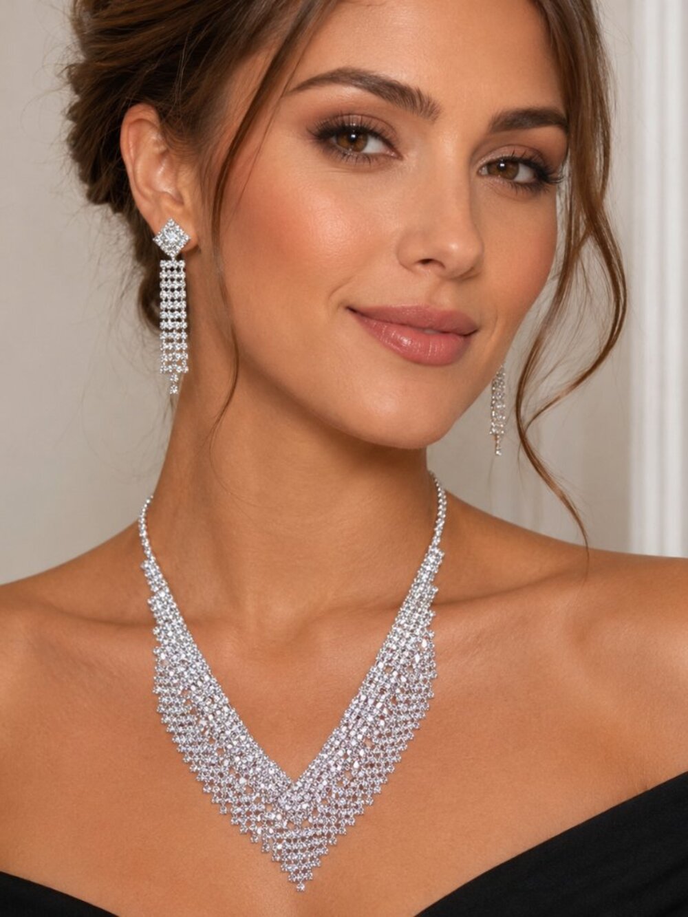 Silver Rhinestone Statement Necklace & Earring Set Dangling Fringed Bling
